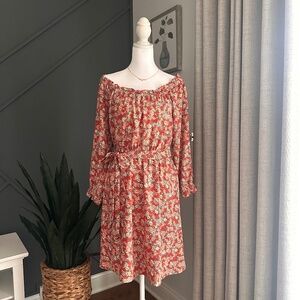 LOFT Orange Floral Off Shoulder Summer Midi Dress Size 6